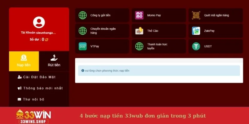 4 bước nạp tiền 33WIN đơn giản trong 3 phút